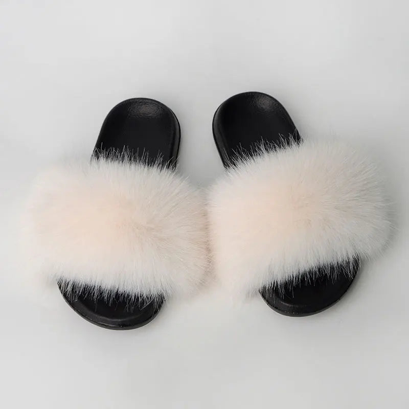 Women'S Faux Fox Fur Slippers Large Summer Open-Toe Fluffy Casual Anti-Slip Sandals Fluffy Black Slide Fur Slider