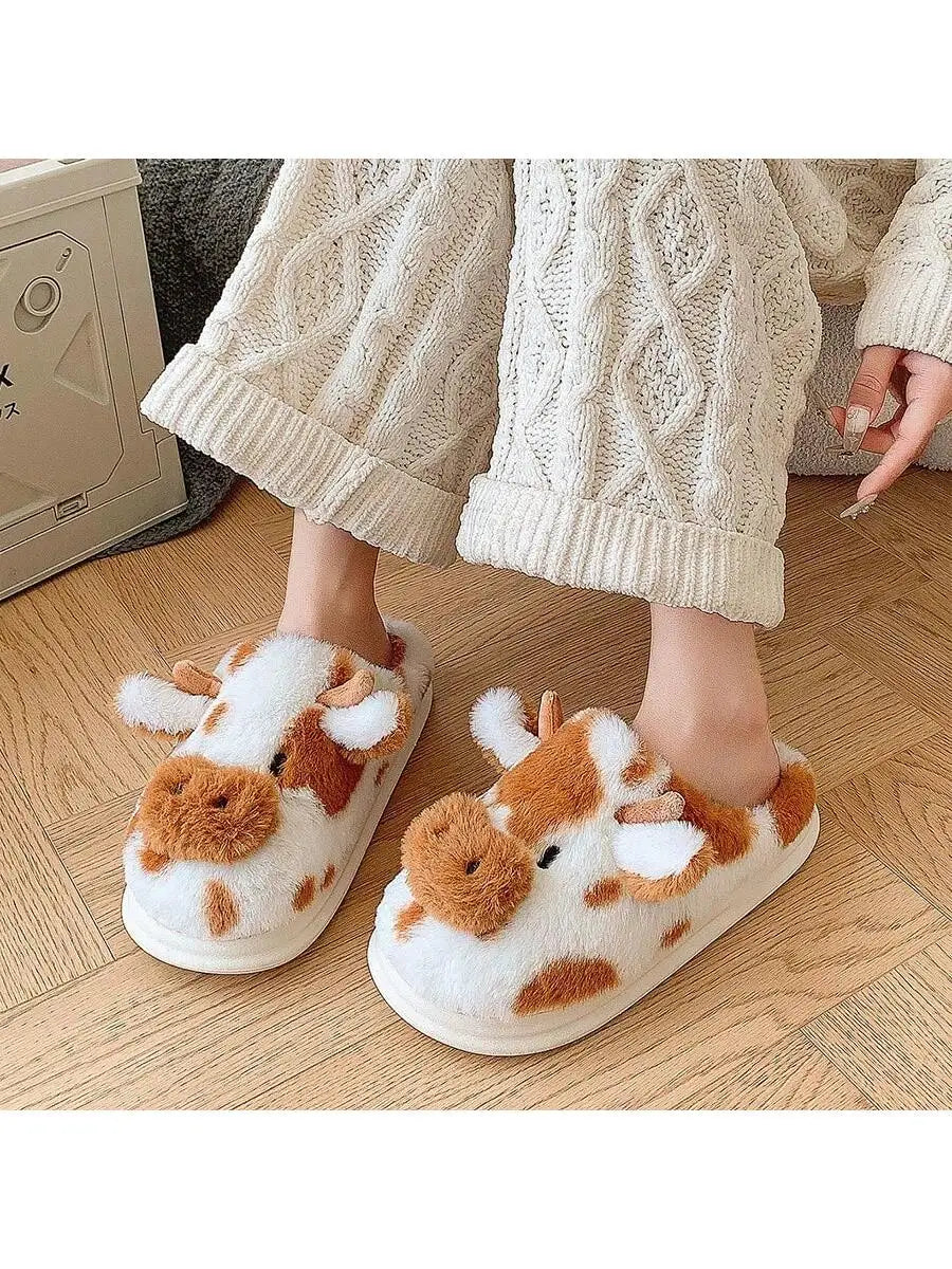 Women's Slippers with Spotted Cow Hair and Indoor Slippers, Warm and Thick-Soled Plush for Autumn and Winter