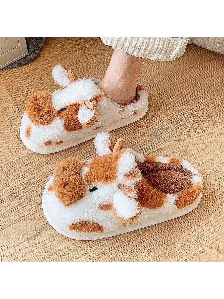 Women's Slippers with Spotted Cow Hair and Indoor Slippers, Warm and Thick-Soled Plush for Autumn and Winter