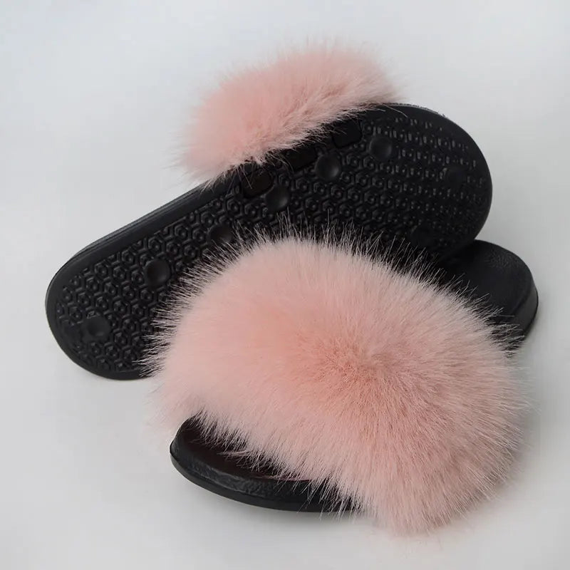 Women'S Faux Fox Fur Slippers Large Summer Open-Toe Fluffy Casual Anti-Slip Sandals Fluffy Black Slide Fur Slider