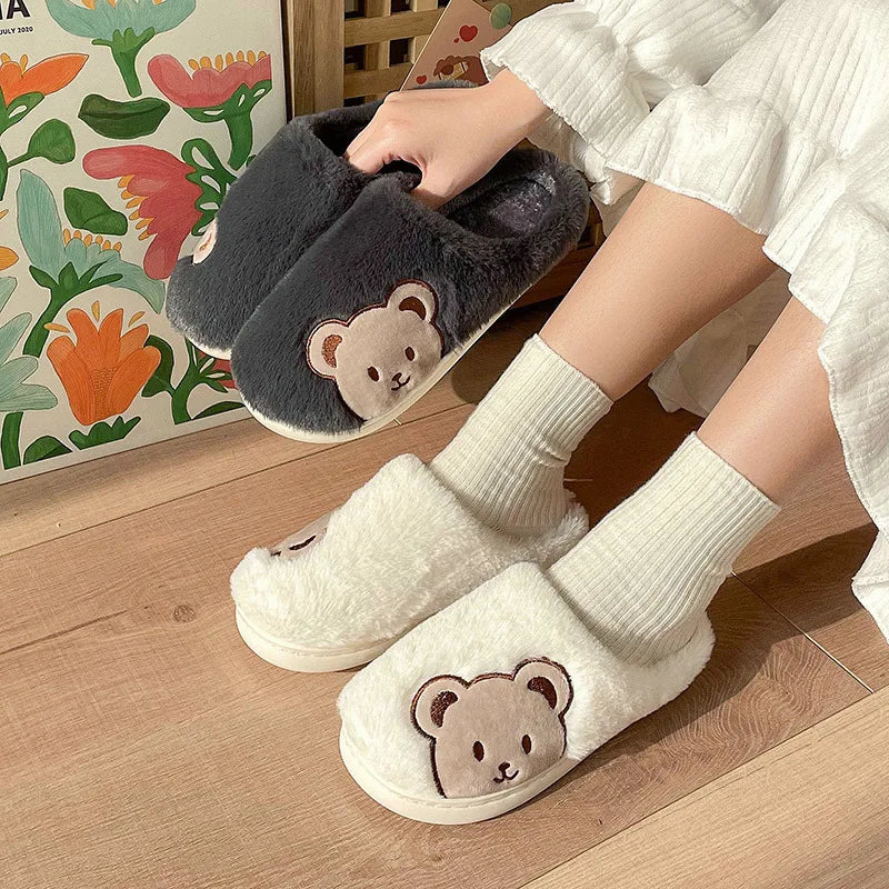 Women's Winter Slippers New Cartoon Teddy Bear Home Thick-Soled Indoor Plush Slippers