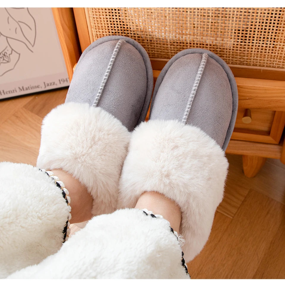 Women's Plush Warm Home Flat Shoes Soft And Comfortable Autumn Winter Cotton Shoes Indoor Plush Couple Slippers