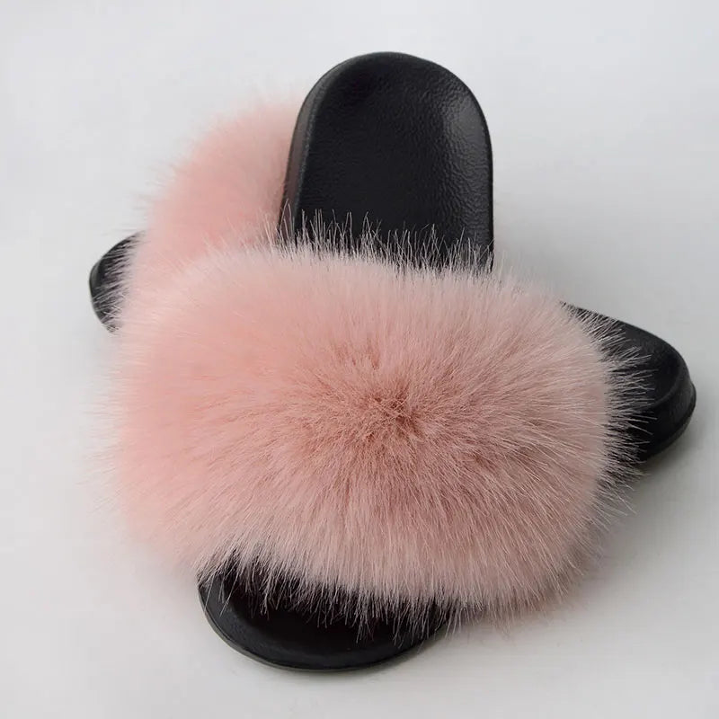 Women'S Faux Fox Fur Slippers Large Summer Open-Toe Fluffy Casual Anti-Slip Sandals Fluffy Black Slide Fur Slider