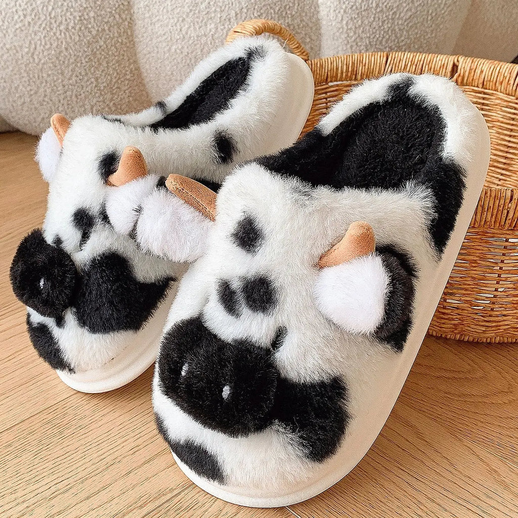 Women's Slippers with Spotted Cow Hair and Indoor Slippers, Warm and Thick-Soled Plush for Autumn and Winter