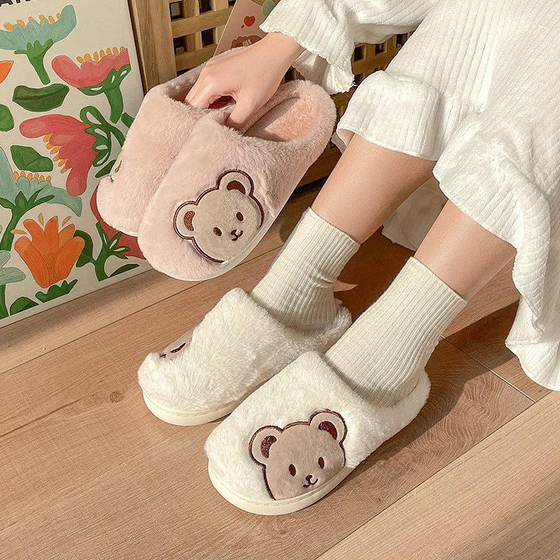 Women's Winter Slippers New Cartoon Teddy Bear Home Thick-Soled Indoor Plush Slippers