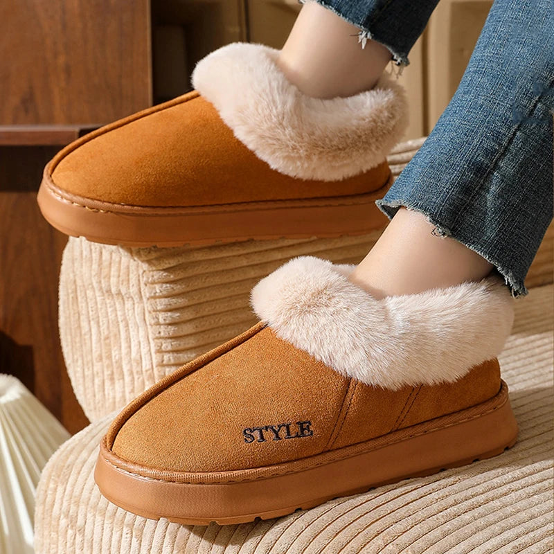 Fluffy Slippers For Women Men House Winter Plush Lined Thick Sole Non-slip Snow Boots Warm Indoor House Fuzzy Cotton Shoes