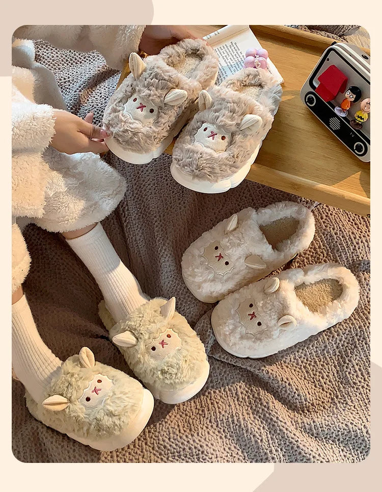 Women's Cute Lamb Plush Slippers - Winter Non-Slip House Shoes, Thick Sole Fleece-Lined Indoor Slides for Home Cozy Comfort