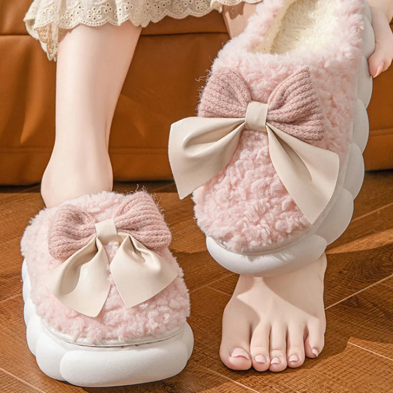 Women's Bow Slippers Thick-Soled Soft-Soled  Bedroom Cotton Shoes  Outdoor Indoor Winter Plush Non-Slip Bow Warm Houseshoes