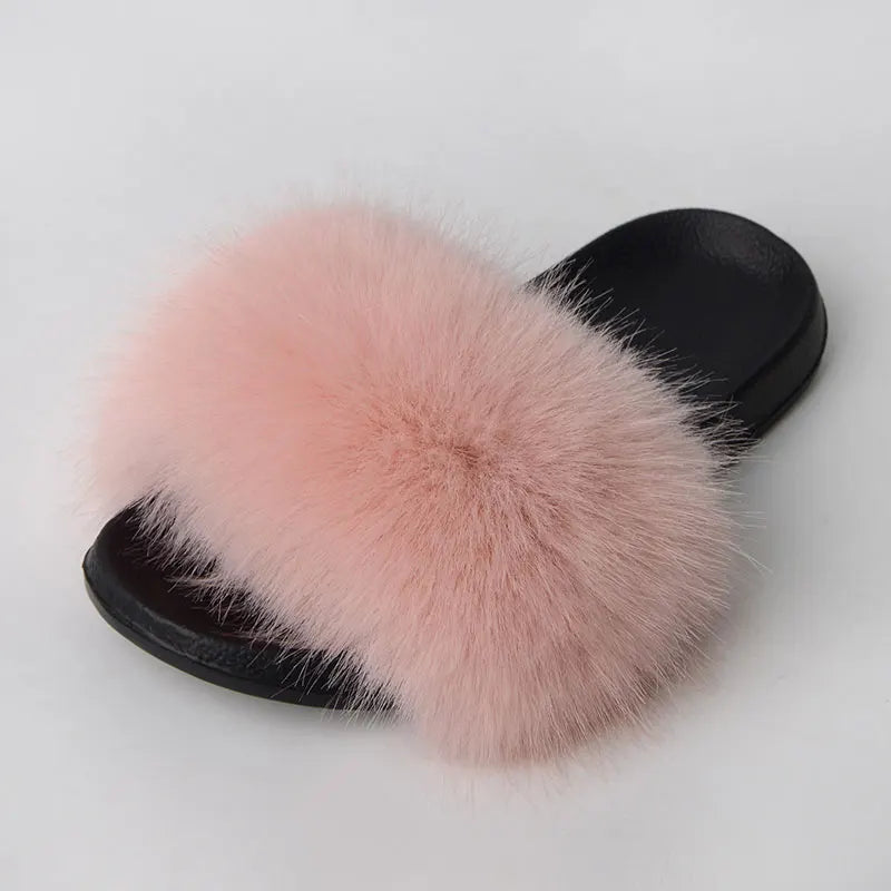 Women'S Faux Fox Fur Slippers Large Summer Open-Toe Fluffy Casual Anti-Slip Sandals Fluffy Black Slide Fur Slider