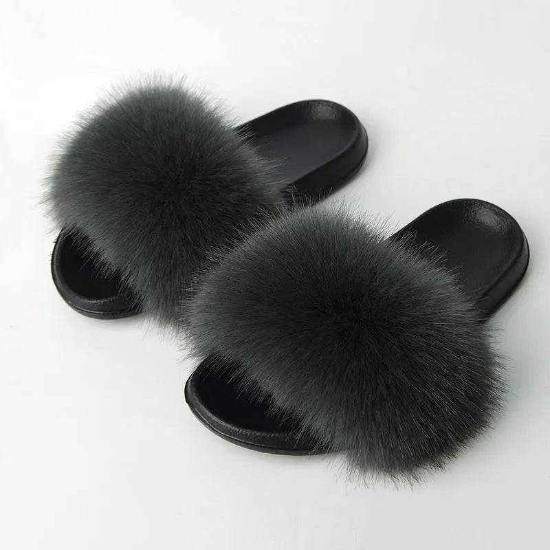 Women'S Faux Fox Fur Slippers Large Summer Open-Toe Fluffy Casual Anti-Slip Sandals Fluffy Black Slide Fur Slider