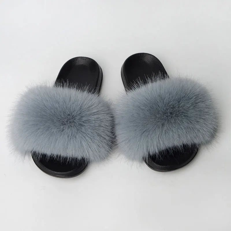 Women'S Faux Fox Fur Slippers Large Summer Open-Toe Fluffy Casual Anti-Slip Sandals Fluffy Black Slide Fur Slider