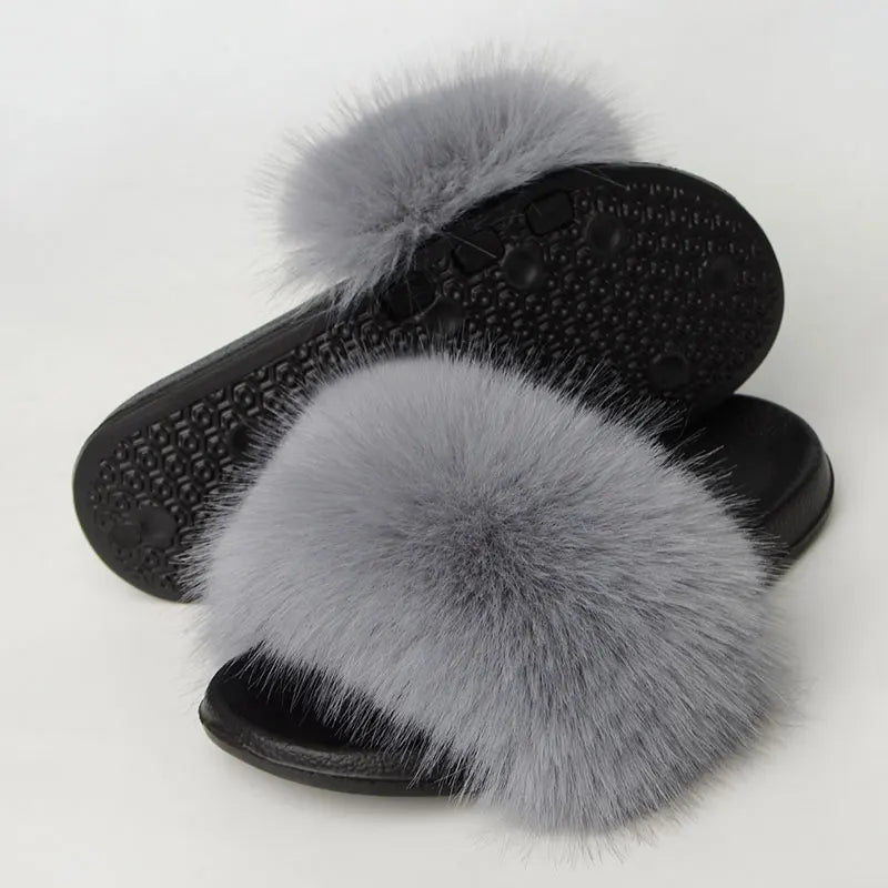 Women'S Faux Fox Fur Slippers Large Summer Open-Toe Fluffy Casual Anti-Slip Sandals Fluffy Black Slide Fur Slider