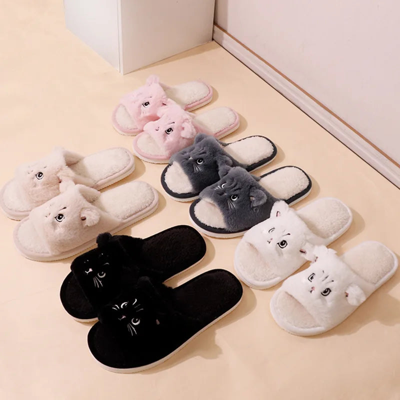 Faux Fur Cat Home Slippers for Couple Winter 2025 Warm Plush Soft Sole House Shoes Woman Plus Size 36-45 Non Slip Indoor Slides