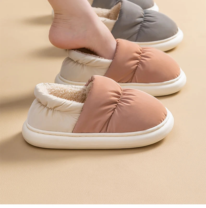 Ladies Heel Coverage Fleece Slippers Down-proof Fabric Shoes Non-Slip Winter House Shoes with Soft Sole for Home and Outdoor Use