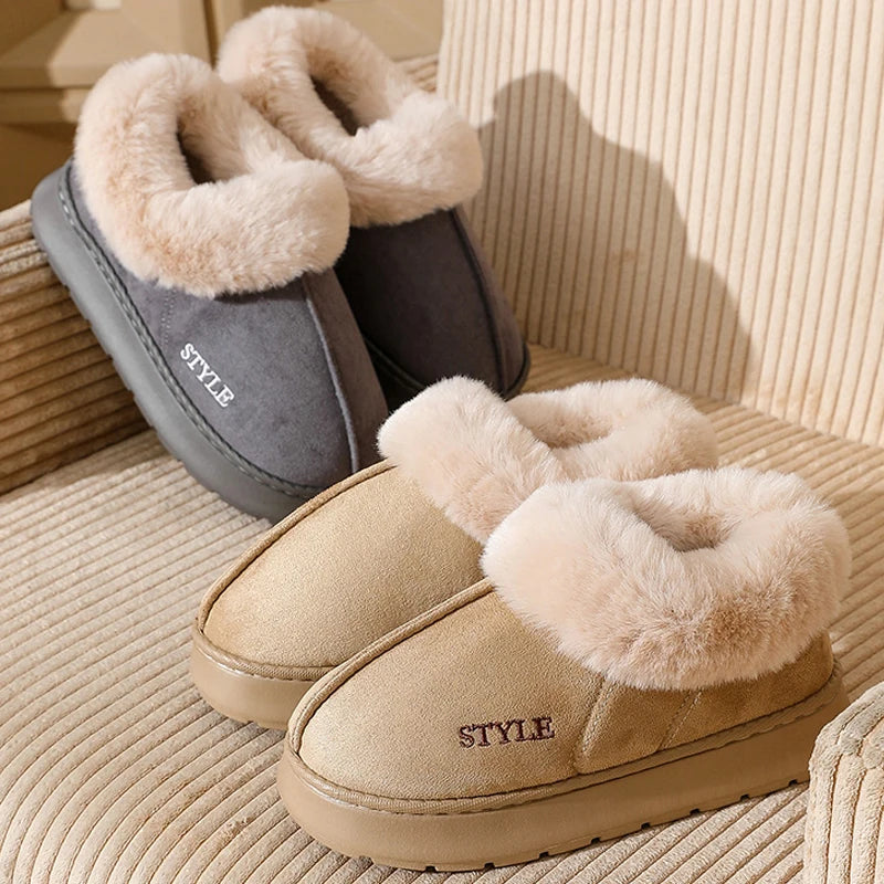 Fluffy Slippers For Women Men House Winter Plush Lined Thick Sole Non-slip Snow Boots Warm Indoor House Fuzzy Cotton Shoes