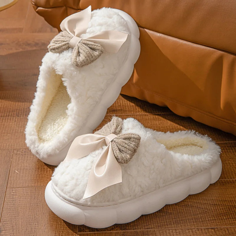 Women's Bow Slippers Thick-Soled Soft-Soled  Bedroom Cotton Shoes  Outdoor Indoor Winter Plush Non-Slip Bow Warm Houseshoes