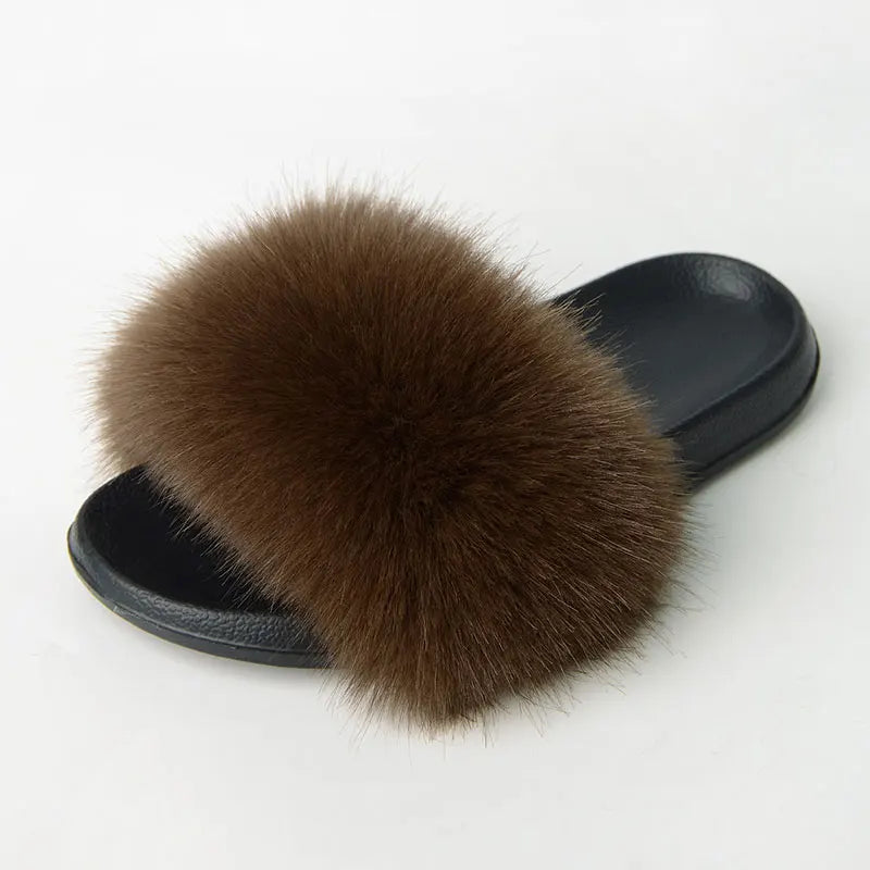 Women'S Faux Fox Fur Slippers Large Summer Open-Toe Fluffy Casual Anti-Slip Sandals Fluffy Black Slide Fur Slider