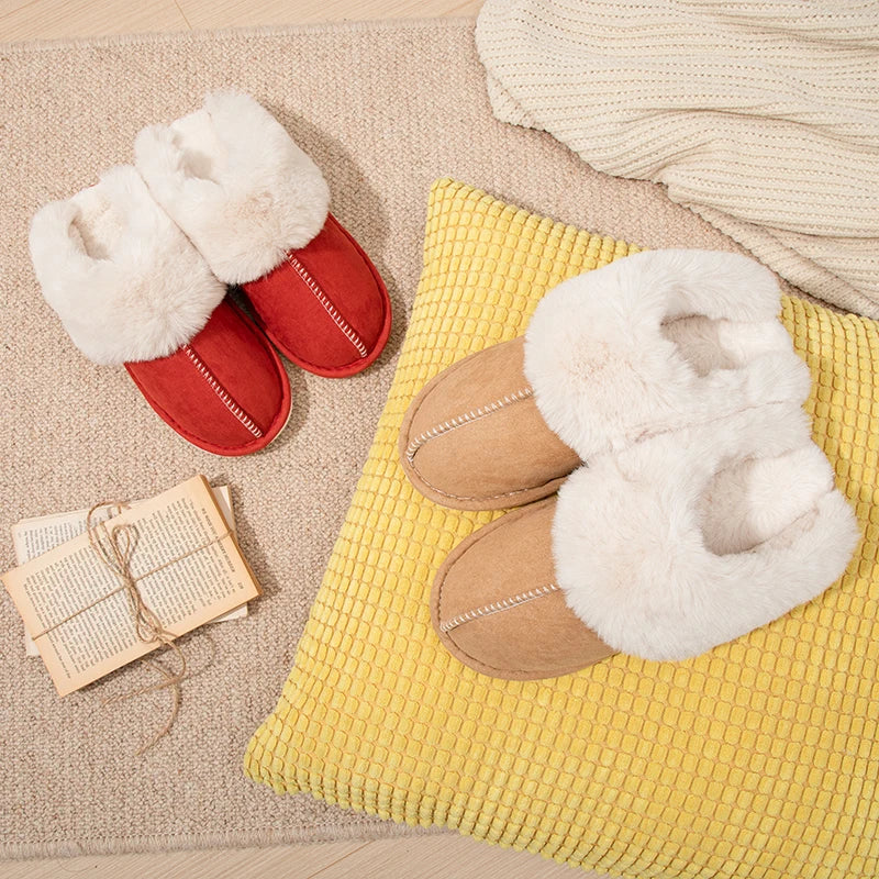 Women's Plush Warm Home Flat Shoes Soft And Comfortable Autumn Winter Cotton Shoes Indoor Plush Couple Slippers