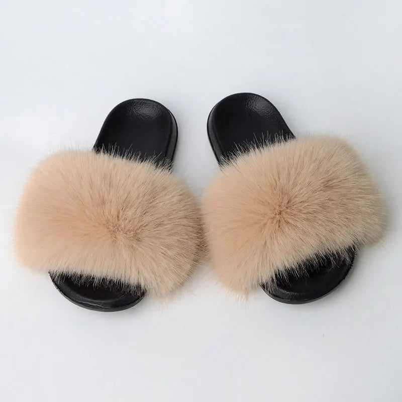 Women'S Faux Fox Fur Slippers Large Summer Open-Toe Fluffy Casual Anti-Slip Sandals Fluffy Black Slide Fur Slider