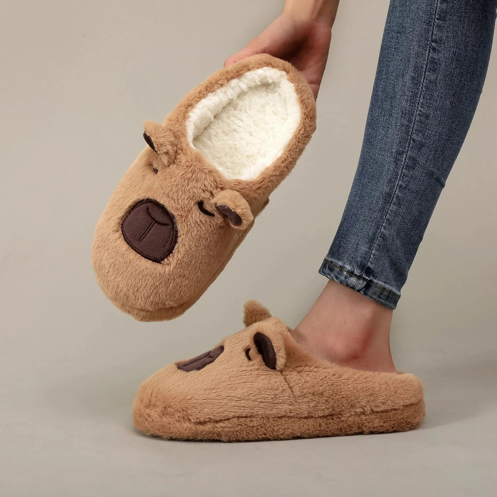 A Pair of Brown Plush Kapibara Animal Patterns,Comfortable Furry Slippers for Men and Women, Lightweight, Comfortable Shoes