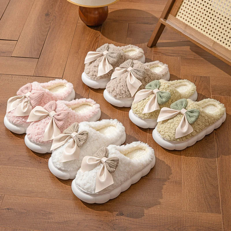 Women's Bow Slippers Thick-Soled Soft-Soled  Bedroom Cotton Shoes  Outdoor Indoor Winter Plush Non-Slip Bow Warm Houseshoes