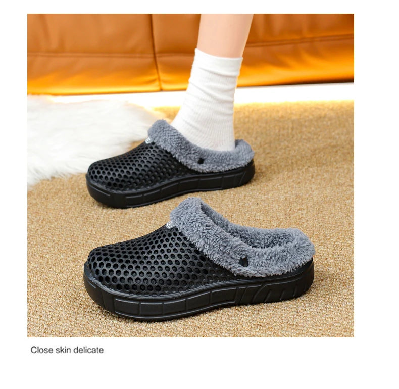 Winter Couple Fuzzy Slippers Women Men, Warm Fur Lined Mule House Shoes for Indoor Outdoor Cozy Comfortable Non-Slip Soft Slippe