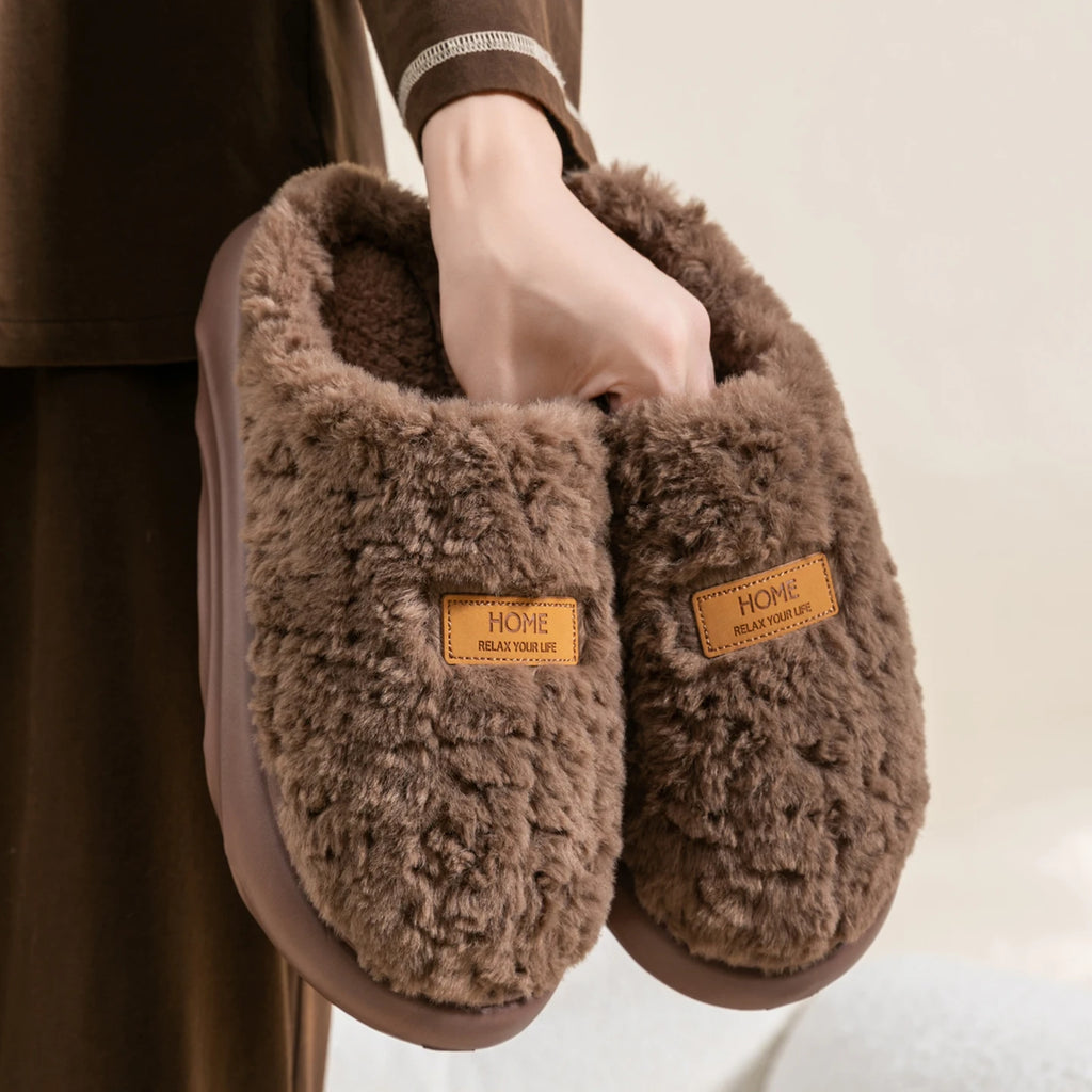 Women's Winter Slippers Indoor Non-Slip, Fleece Lined Warm House Shoes with Thick Soft Sole, Cozy Couples Faux Fur Slides