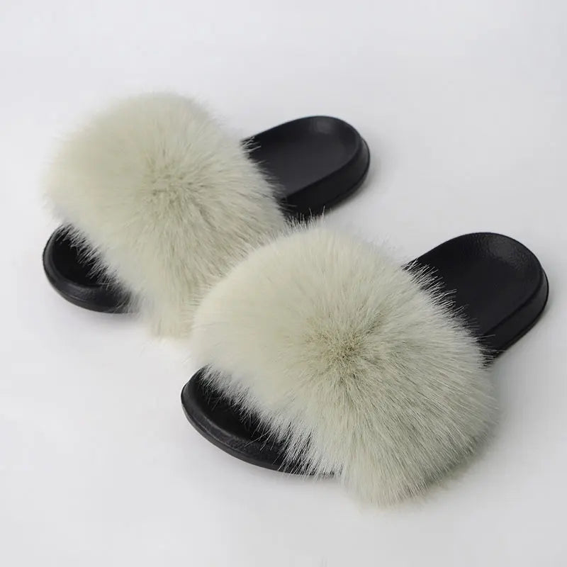 Women'S Faux Fox Fur Slippers Large Summer Open-Toe Fluffy Casual Anti-Slip Sandals Fluffy Black Slide Fur Slider