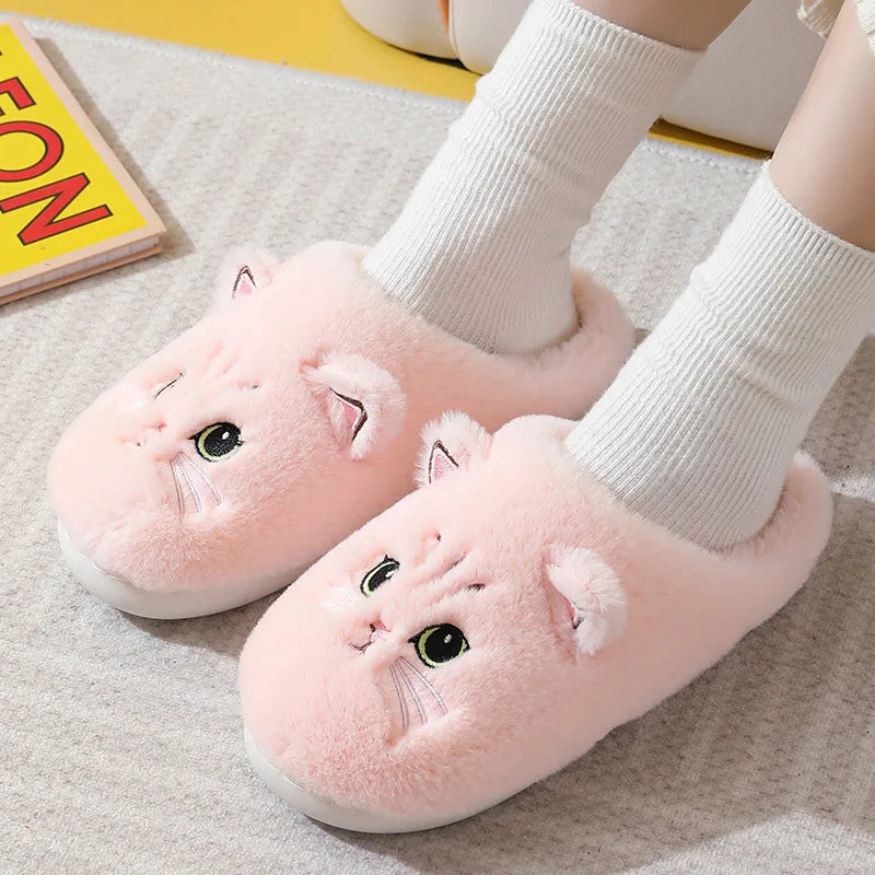 2025 New Winter Plush Slippers - Cat Pattern Couple House Shoes, Cozy Furry Indoor Slides for Women & Men, Non-Slip Home Booties