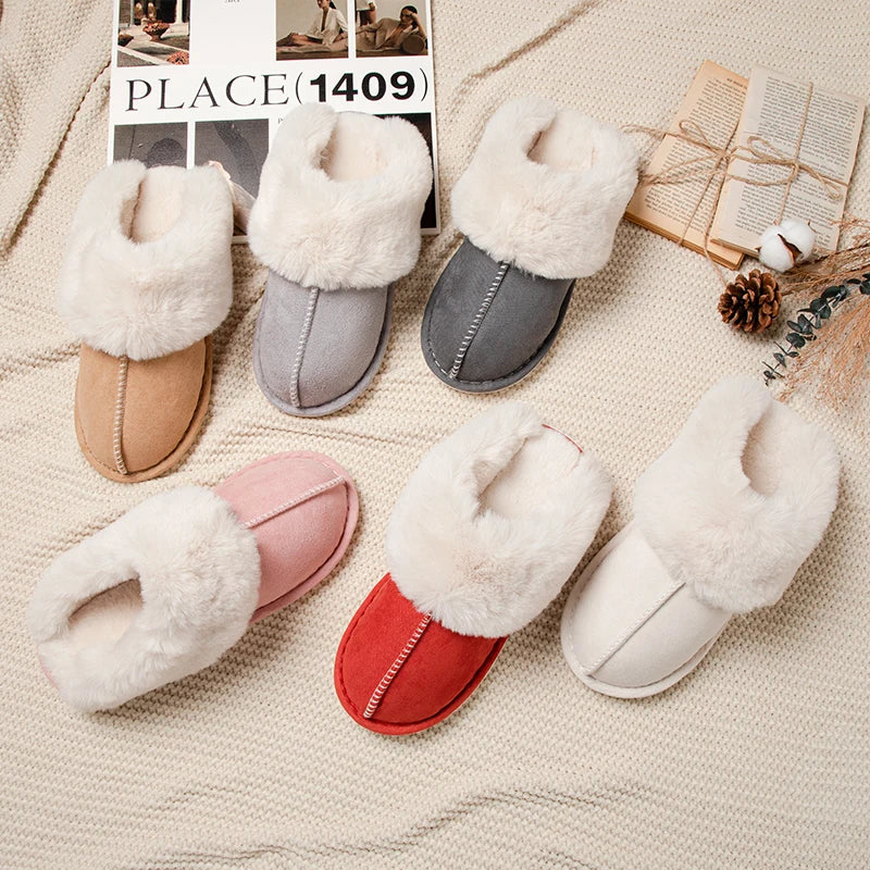 Women's Plush Warm Home Flat Shoes Soft And Comfortable Autumn Winter Cotton Shoes Indoor Plush Couple Slippers