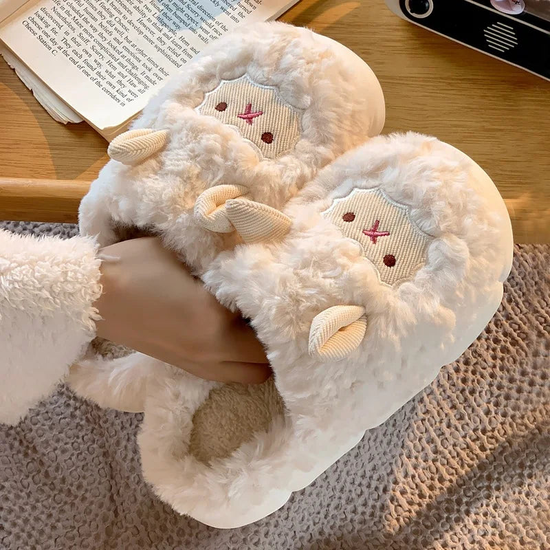Women's Cute Lamb Plush Slippers - Winter Non-Slip House Shoes, Thick Sole Fleece-Lined Indoor Slides for Home Cozy Comfort