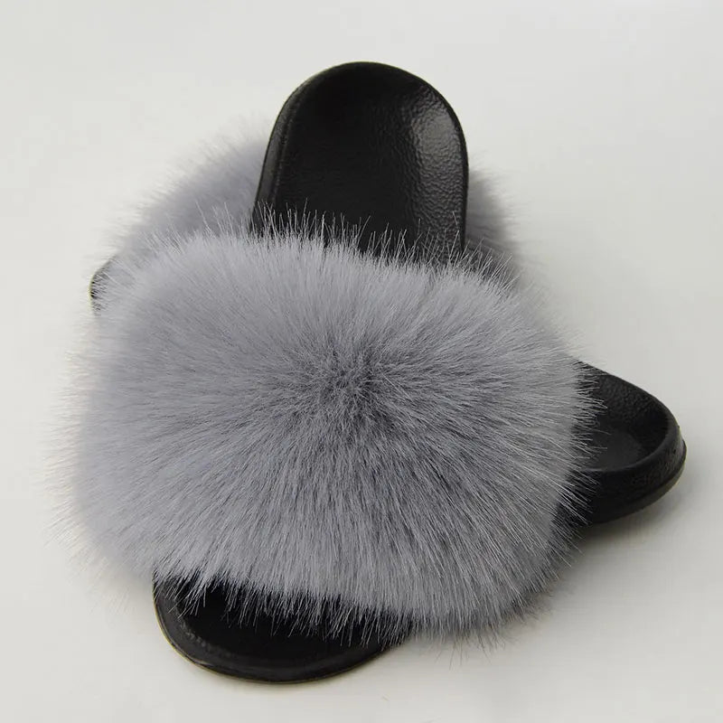 Women'S Faux Fox Fur Slippers Large Summer Open-Toe Fluffy Casual Anti-Slip Sandals Fluffy Black Slide Fur Slider