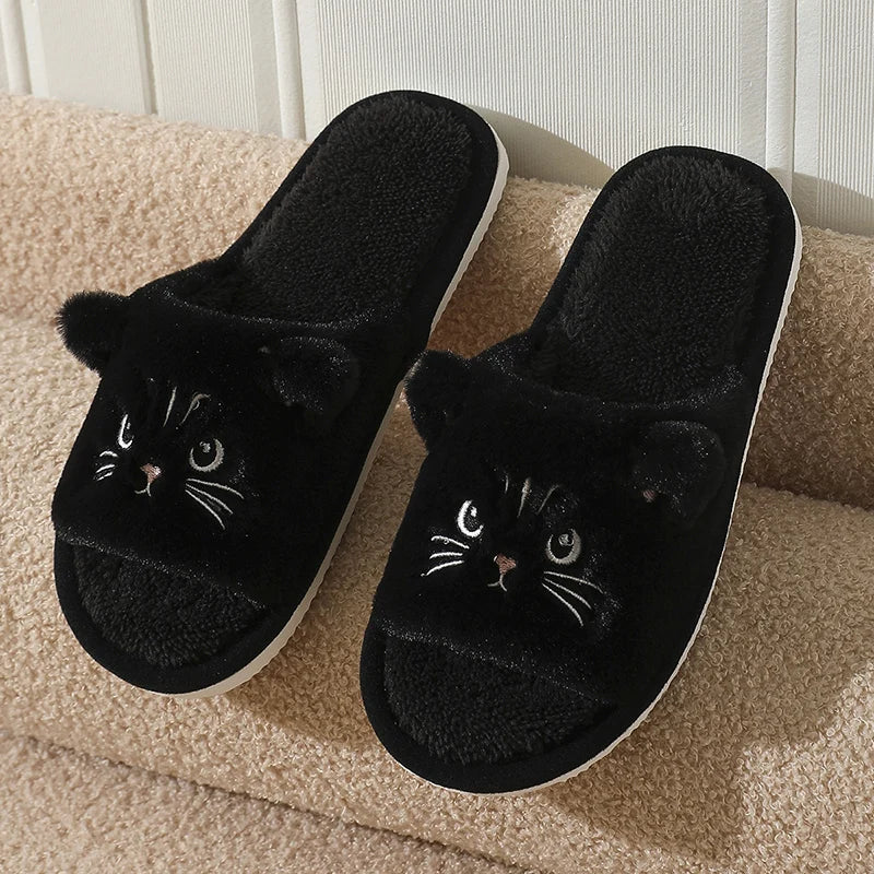 Cute Cartoon Cat Home Slippers for Women Open Toe Non Slip Wave Sole Faux Fur Slides Woman Autumn Winter Plush Indoor Slippers
