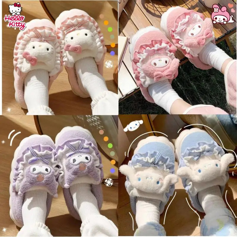 Hello Kitty Kuromi Cinnamoroll Cotton Slippers Cartoon Cute Winter Indoor Home Slippers Thick Sole Keep Warm Cotton Shoes