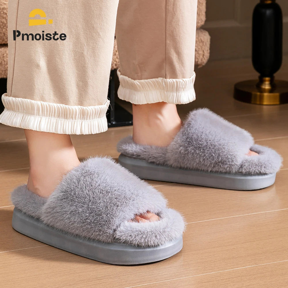 Fur Slippers Women Platform EVA Soles Memory Foam Winter Cozy Open Toe Breathable Living Room Shoes Luxury