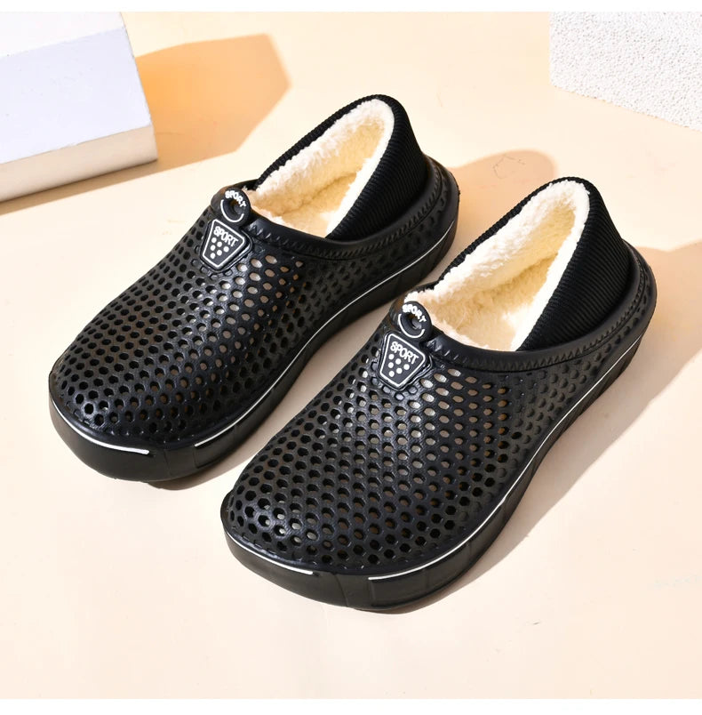 Winter Couple Slippers with Enclosed Back Outdoor Indoor Plush Fleece Lined Anti-Slip Home Shoes for Women Men Solid Color Simpl