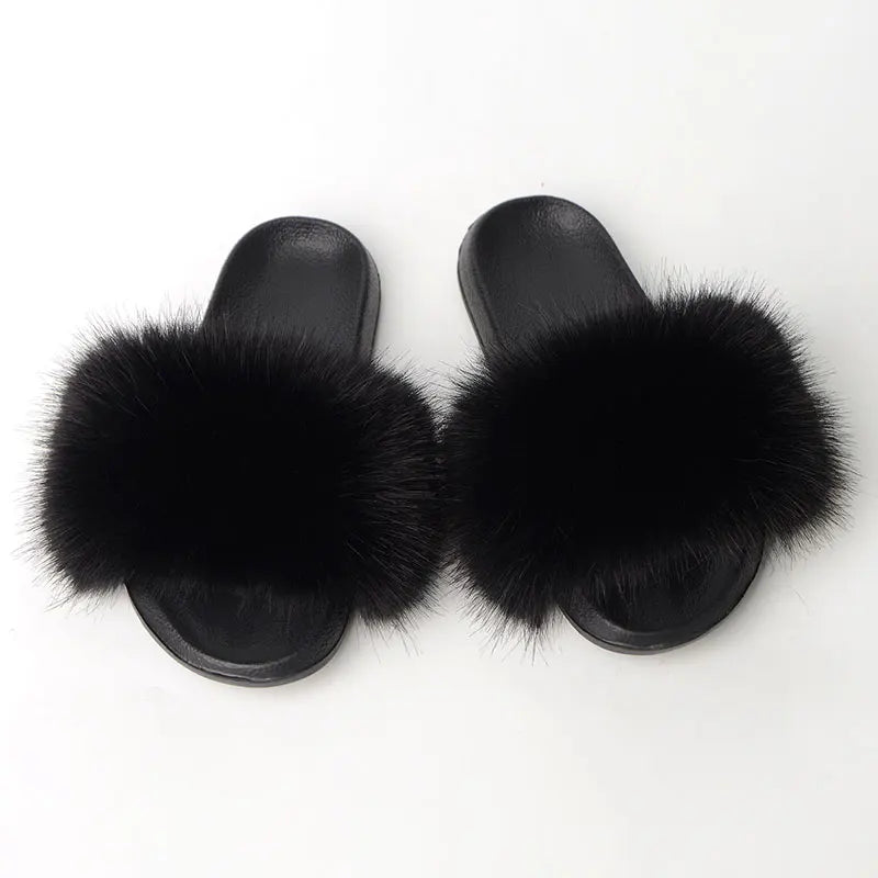 Women'S Faux Fox Fur Slippers Large Summer Open-Toe Fluffy Casual Anti-Slip Sandals Fluffy Black Slide Fur Slider