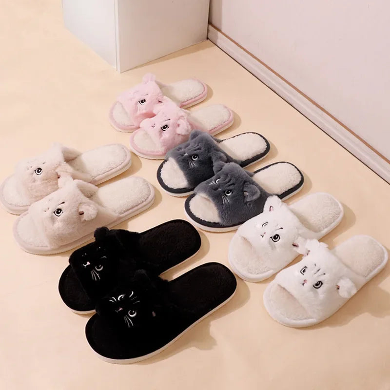 Faux Fur Cat Home Slippers for Couple Winter 2025 Warm Plush Soft Sole House Shoes Woman Plus Size 36-45 Non Slip Indoor Slides