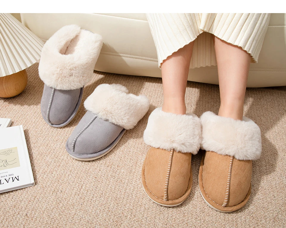 Women's Plush Warm Home Flat Shoes Soft And Comfortable Autumn Winter Cotton Shoes Indoor Plush Couple Slippers