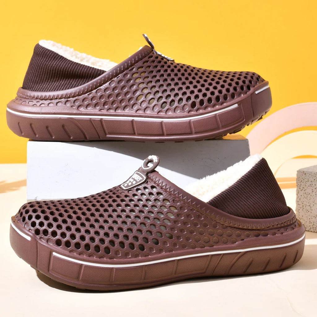 Winter Couple Slippers with Enclosed Back Outdoor Indoor Plush Fleece Lined Anti-Slip Home Shoes for Women Men Solid Color Simpl